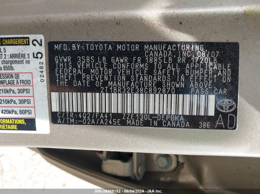 2008 Toyota Corolla Ce VIN: 2T1BR32E38C892870 Lot: 39569152