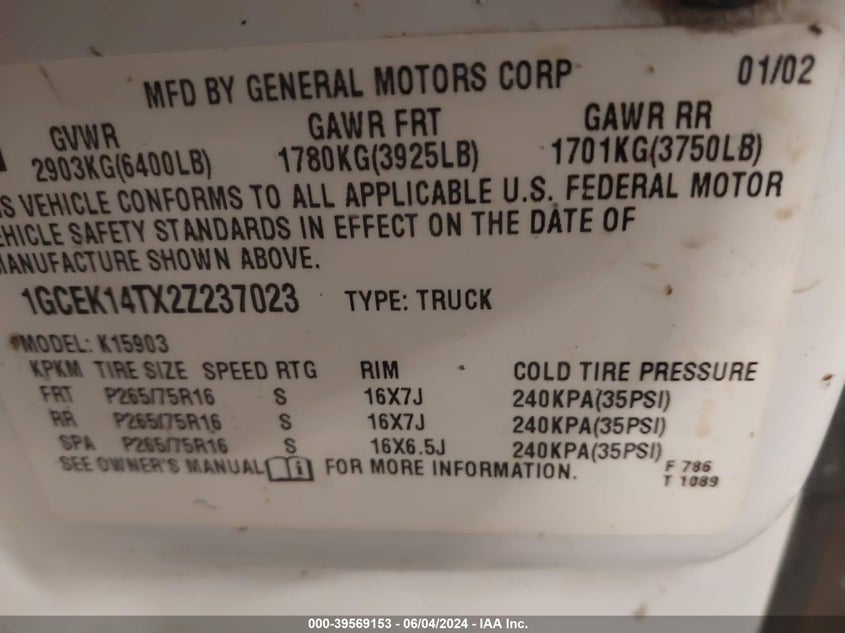 2002 Chevrolet Silverado 1500 Ls VIN: 1GCEK14TX2Z237023 Lot: 39569153
