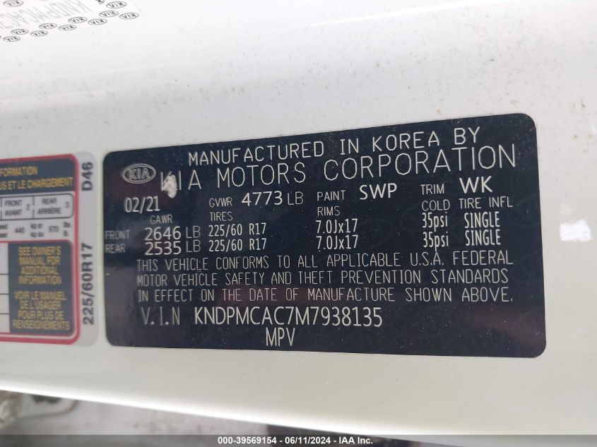 2021 Kia Sportage Lx VIN: KNDPMCAC7M7938135 Lot: 39569154
