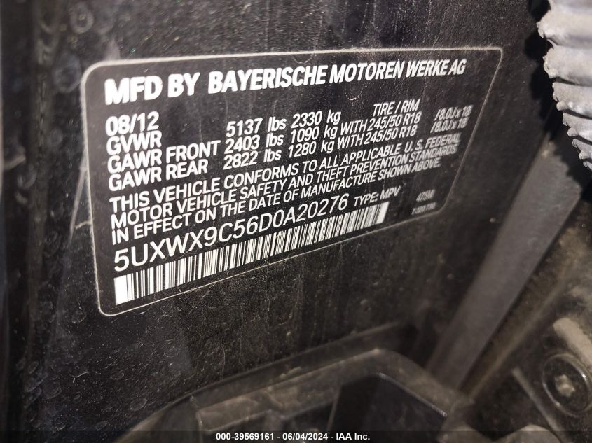 2013 BMW X3 xDrive28I VIN: 5UXWX9C56D0A20276 Lot: 39569161