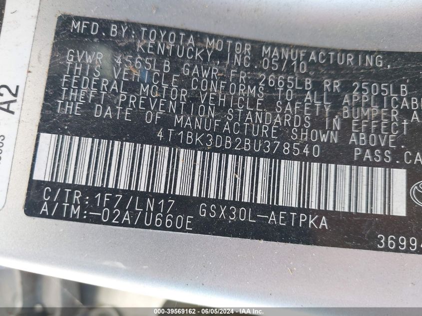 2011 Toyota Avalon Limited VIN: 4T1BK3DB2BU378540 Lot: 39569162