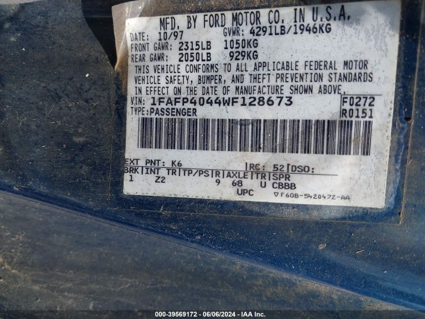 1998 Ford Mustang VIN: 1FAFP4044WF128673 Lot: 39569172