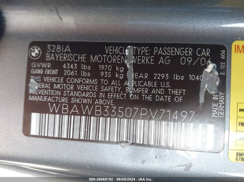 2007 BMW 328I VIN: WBAPH5G59BNM79821 Lot: 39569192