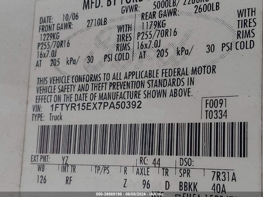 2007 Ford Ranger Fx4 Off-Road/Sport/Xl/Xlt VIN: 1FTYR15EX7PA50392 Lot: 39569198