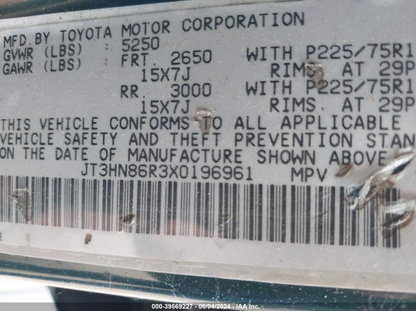 1999 Toyota 4Runner Sr5 V6 VIN: JT3HN86R3X0196961 Lot: 39569227