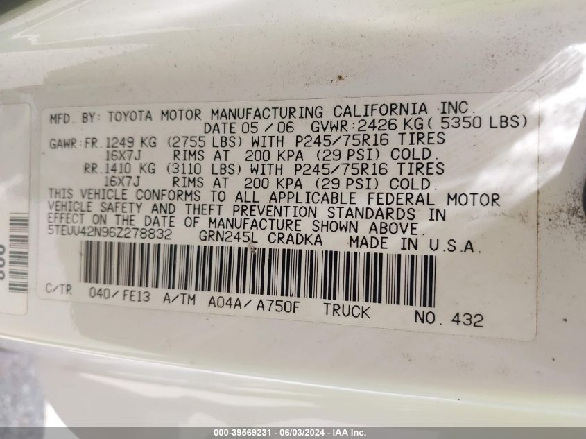 2006 Toyota Tacoma Base V6 VIN: 5TEUU42N96Z278832 Lot: 39569231