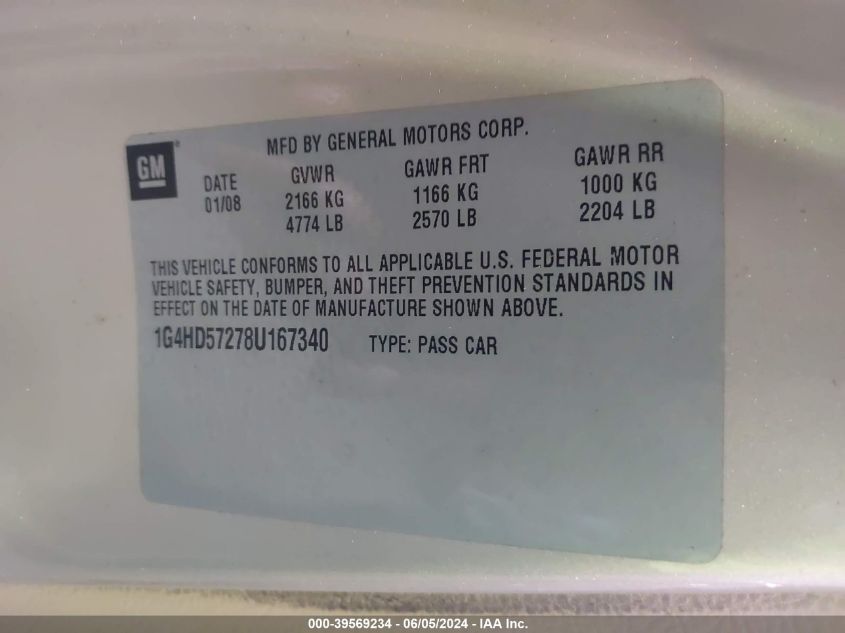 2008 Buick Lucerne Cxl VIN: 1G4HD57278U167340 Lot: 39569234