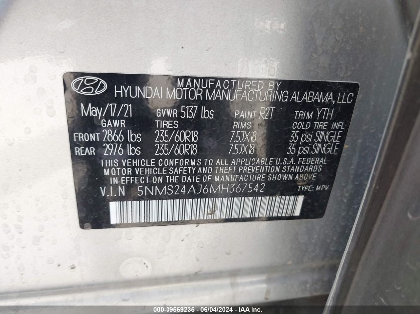 2021 Hyundai Santa Fe Sel VIN: 5NMS24AJ6MH367542 Lot: 39569235