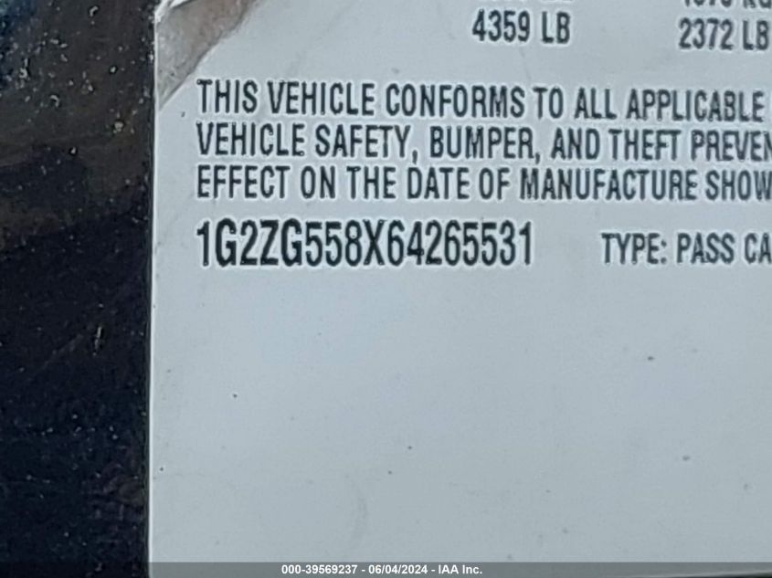 2006 Pontiac G6 VIN: 1G2ZG558X64265531 Lot: 39569237