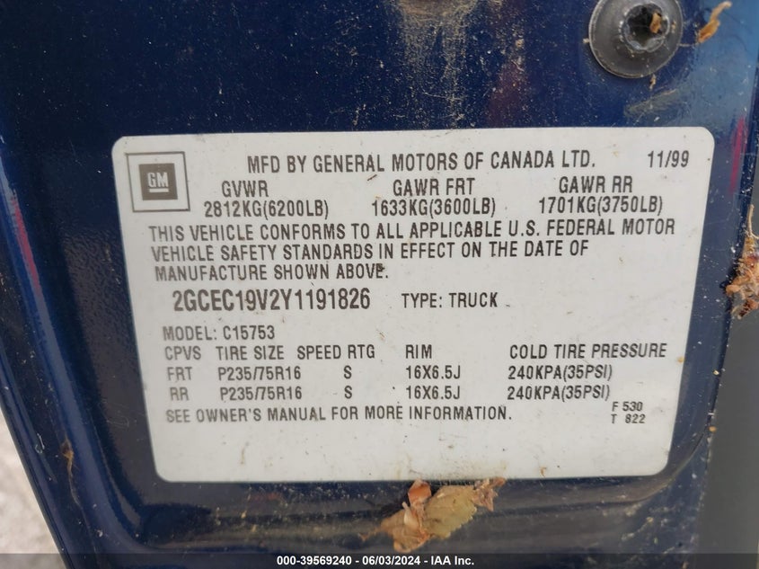 2000 Chevrolet Silverado 1500 VIN: 2GCEC19V2Y1191826 Lot: 39569240