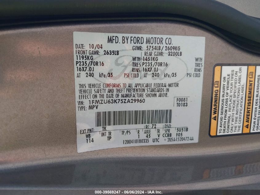 2005 Ford Explorer Xlt/Xlt Sport VIN: 1FMZU63K75ZA29960 Lot: 39569247