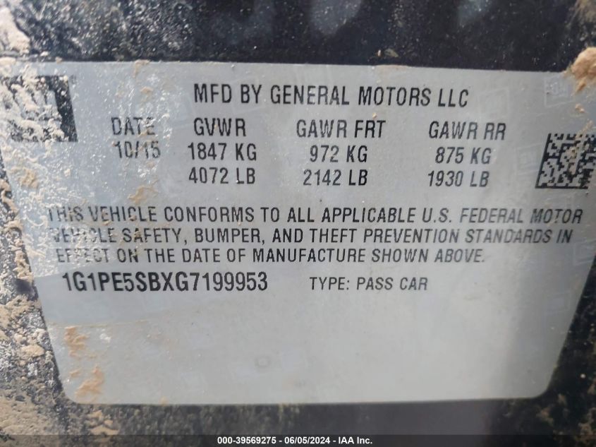 2016 Chevrolet Cruze Limited 1Lt Auto VIN: 1G1PE5SBXG7199953 Lot: 39569275