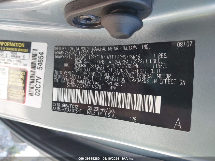 2008 Toyota Sienna Le VIN: 5TDZK23C48S107578 Lot: 39569280