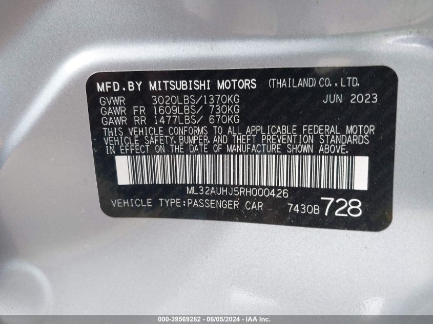 2024 Mitsubishi Mirage Es/Le VIN: ML32AUHJ5RH000426 Lot: 39569282