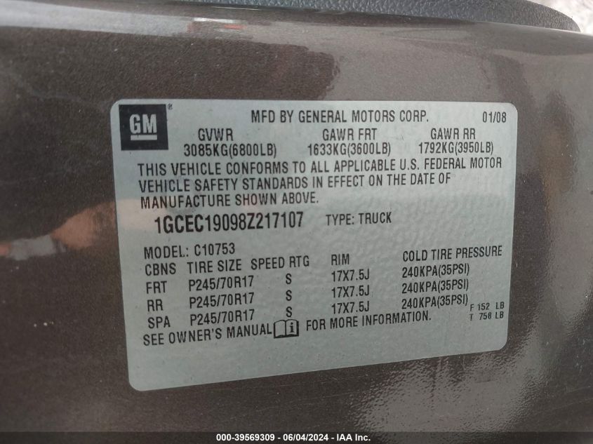 2008 Chevrolet Silverado 1500 Lt1 VIN: 1GCEC19098Z217107 Lot: 39569309