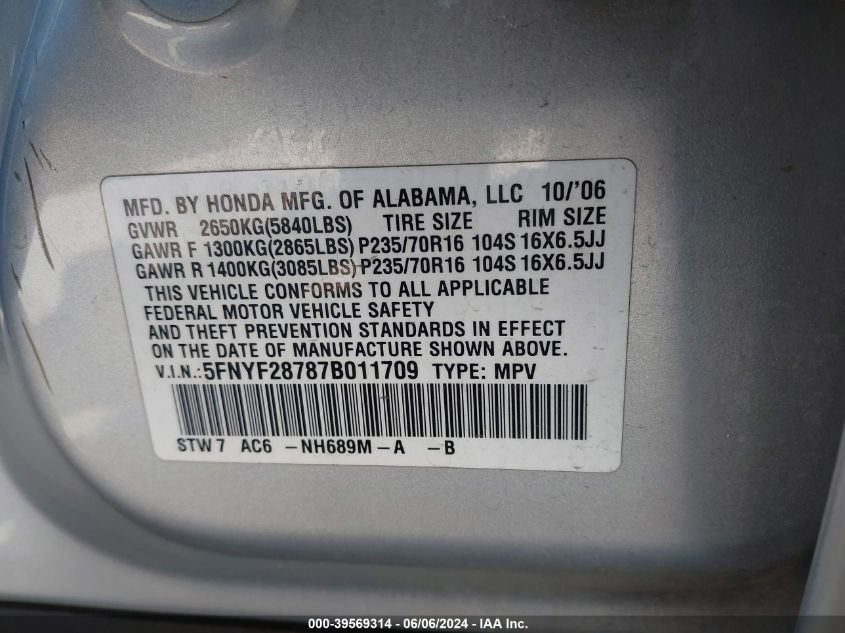 2007 Honda Pilot Ex-L VIN: 5FNYF28787B011709 Lot: 39569314