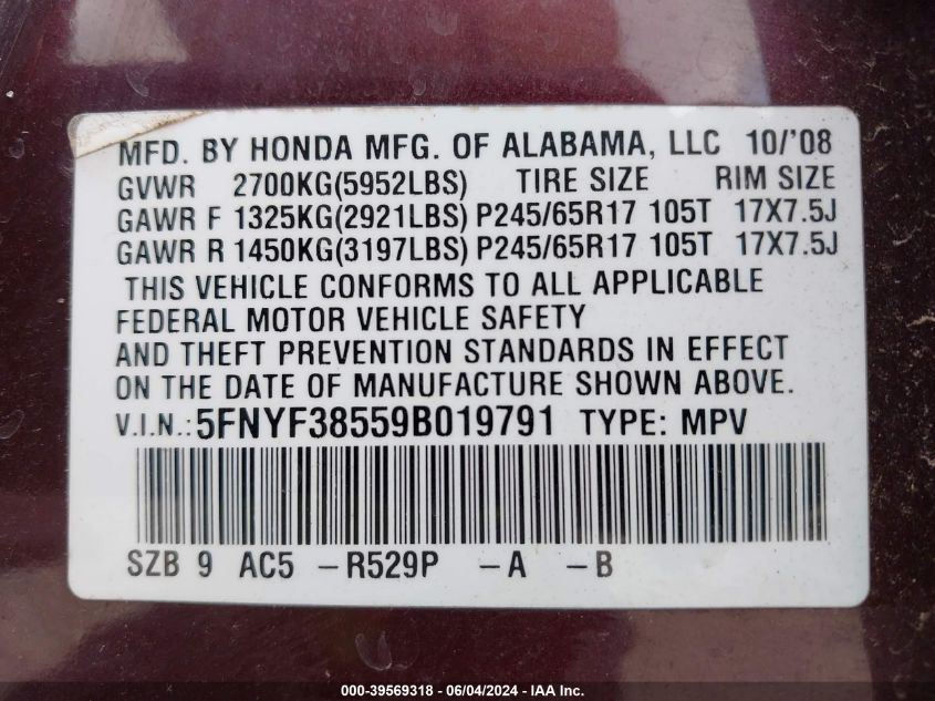 2009 Honda Pilot Ex-L VIN: 5FNYF38559B019791 Lot: 39569318