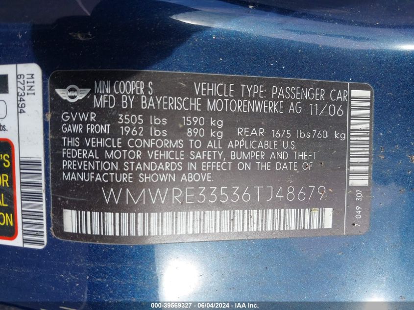 2006 Mini Cooper S VIN: WMWRE33536TJ48679 Lot: 39569327