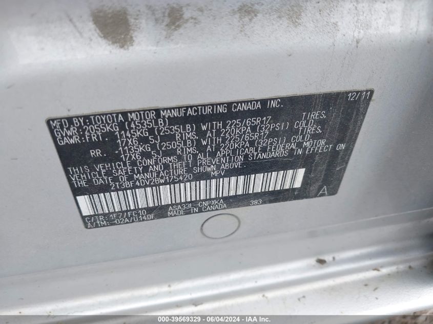 2011 Toyota Rav4 VIN: 2T3BF4DV2BW175420 Lot: 39569329