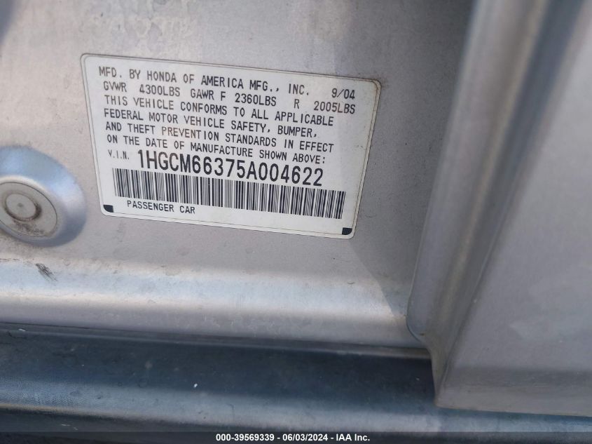 2005 Honda Accord 3.0 Lx VIN: 1HGCM66375A004622 Lot: 39569339