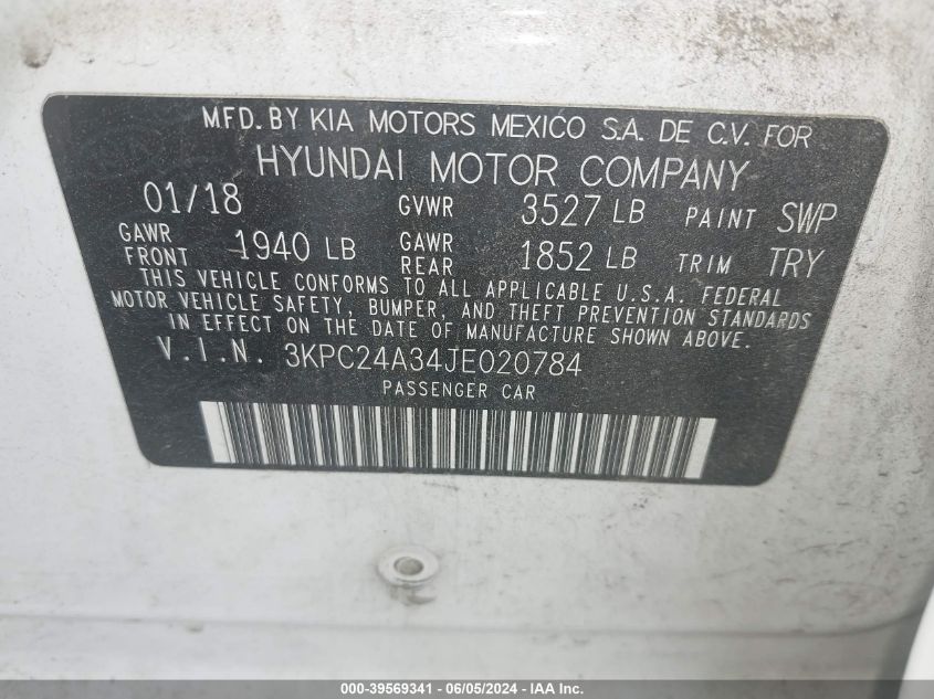 2018 Hyundai Accent Sel VIN: 3KPC24A34JE020784 Lot: 39569341