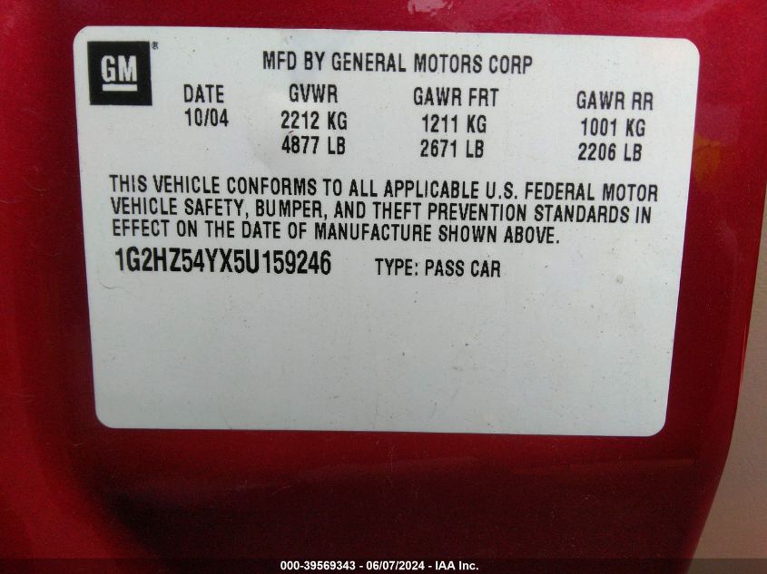 2005 Pontiac Bonneville Gxp VIN: 1G2HZ54YX5U159246 Lot: 39569343