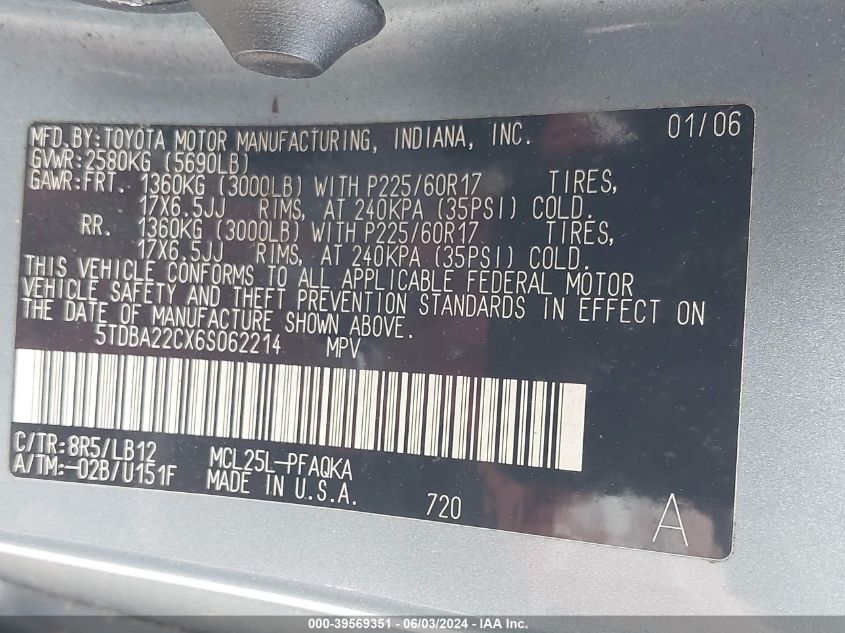 2006 Toyota Sienna Xle Limited VIN: 5TDBA22CX6S062214 Lot: 39569351