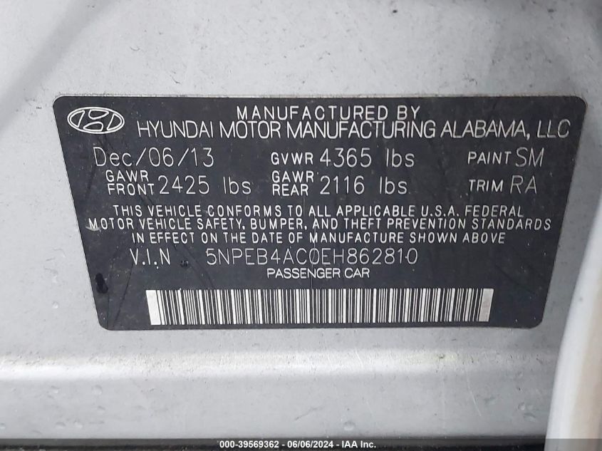 2014 Hyundai Sonata Gls VIN: 5NPEB4AC0EH862810 Lot: 39569362