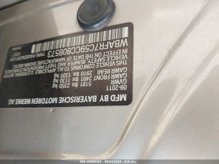 2012 BMW 535I VIN: WBAFR7C59CC808573 Lot: 39569363