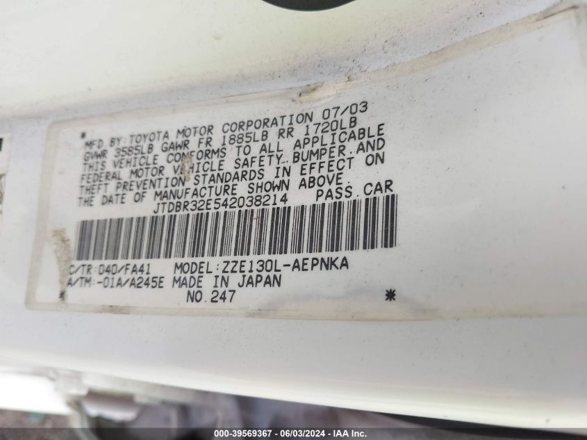 2004 Toyota Corolla Le VIN: JTDBR32E542038214 Lot: 39569367