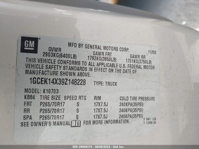 2009 Chevrolet Silverado 1500 Work Truck VIN: 1GCEK14X39Z148228 Lot: 39569378