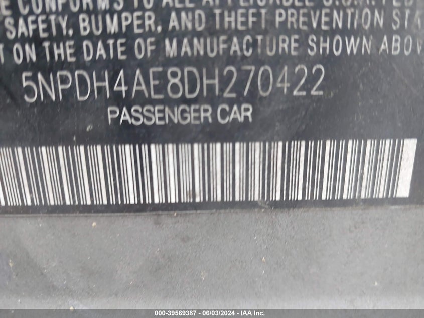 2013 Hyundai Elantra Gls VIN: 5NPDH4AE8DH270422 Lot: 39569387