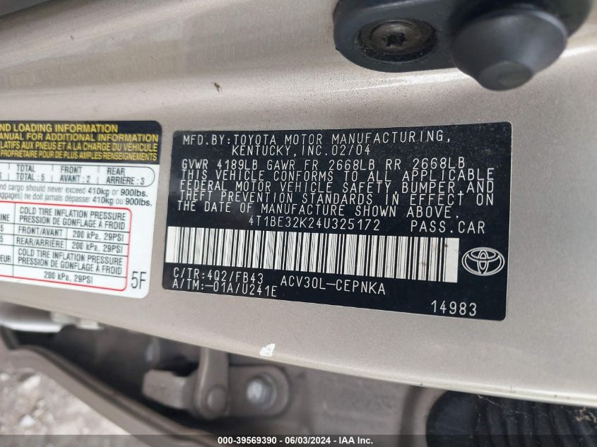 4T1BE32K24U325172 | 2004 TOYOTA CAMRY