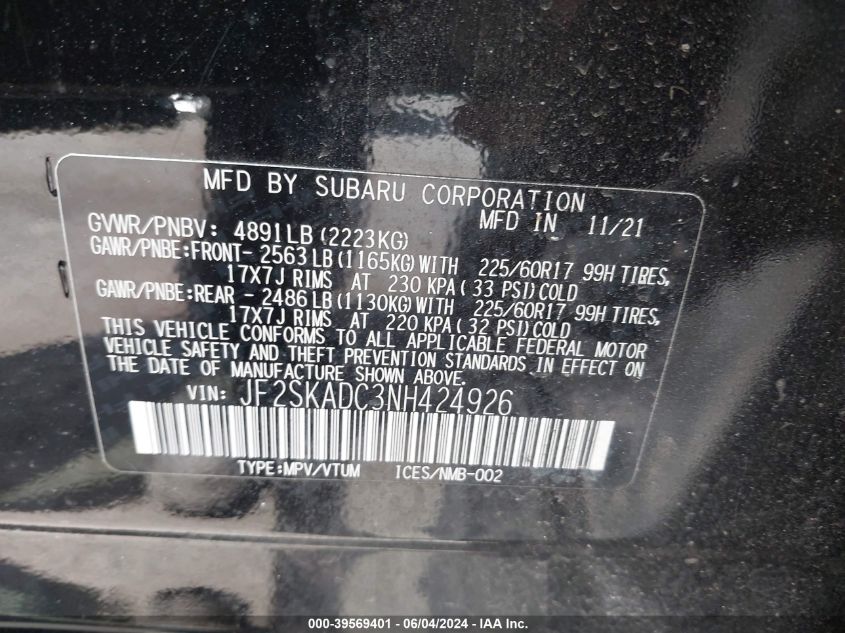 2022 Subaru Forester Premium VIN: JF2SKADC3NH424926 Lot: 39569401