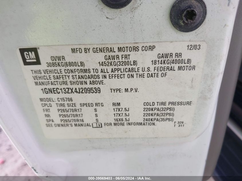 2004 Chevrolet Tahoe Lt VIN: 1GNEC13ZX4J209539 Lot: 39569403