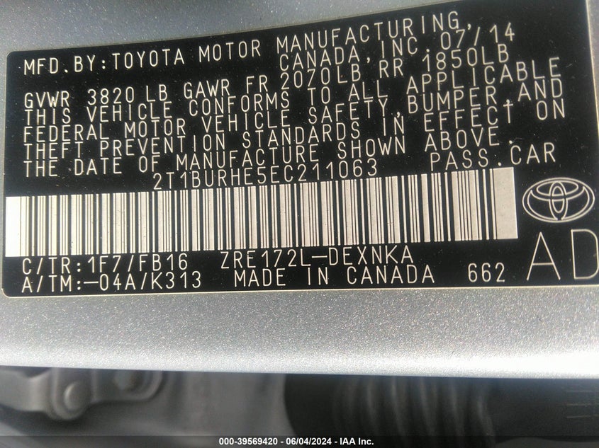 2014 Toyota Corolla Le VIN: 2T1BURHE5EC211063 Lot: 39569420