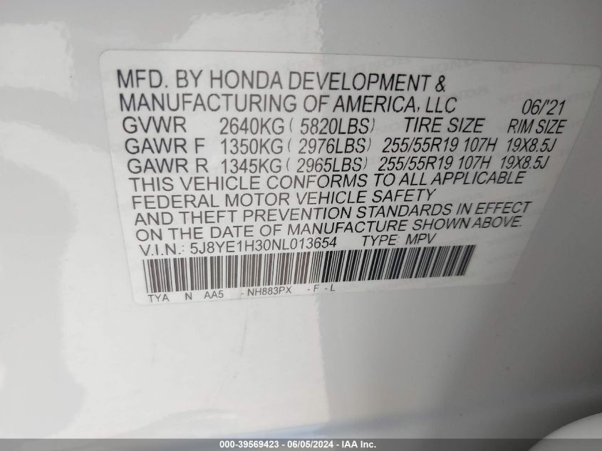 5J8YE1H30NL013654 2022 Acura Mdx Standard