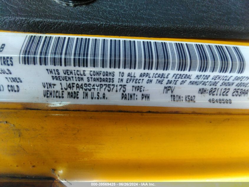 2000 Jeep Wrangler Sport VIN: 1J4FA49S4YP757175 Lot: 39569425