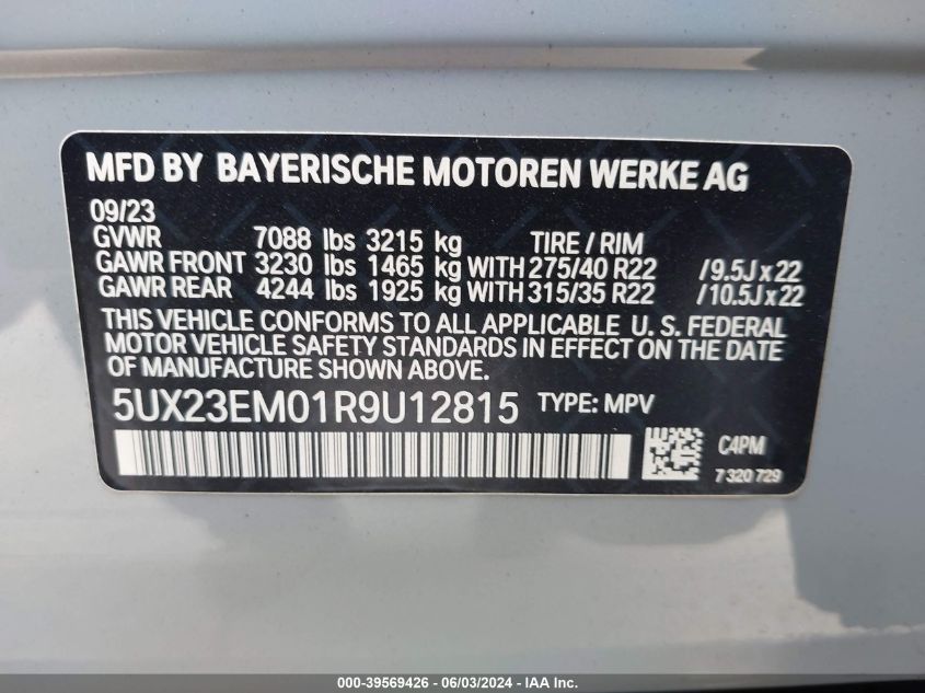 2024 BMW X7 xDrive40I VIN: 5UX23EM01R9U12815 Lot: 39569426