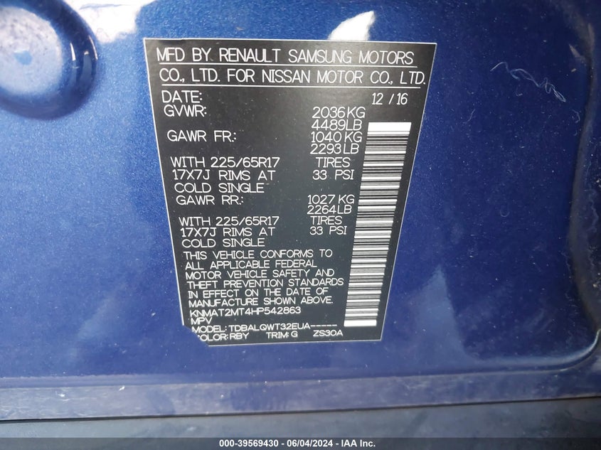 2017 Nissan Rogue Sv VIN: KNMAT2MT4HP542863 Lot: 39569430