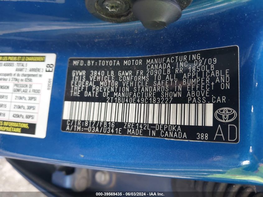 2009 Toyota Corolla Le VIN: 2T1BU40E49C183227 Lot: 39569435