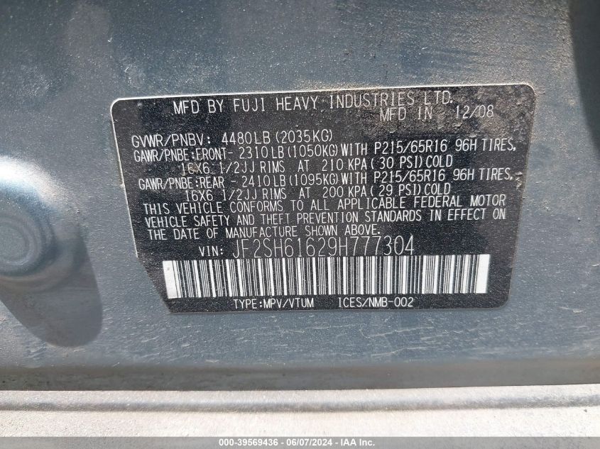 2009 Subaru Forester 2.5X VIN: JF2SH61629H777304 Lot: 39569436