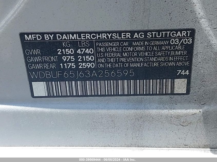 2003 Mercedes-Benz E 320 VIN: WDBUF65J63A256595 Lot: 39569444