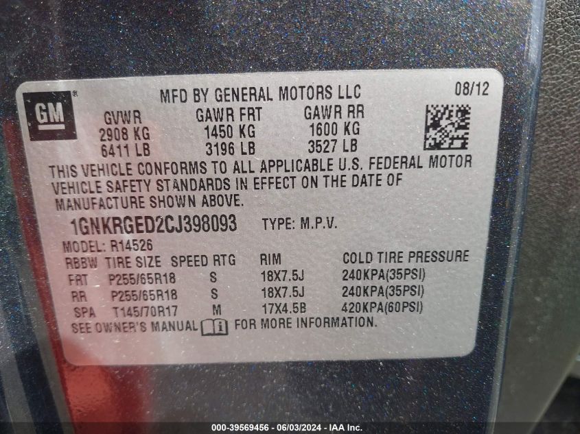 2012 Chevrolet Traverse 1Lt VIN: 1GNKRGED2CJ398093 Lot: 39569456