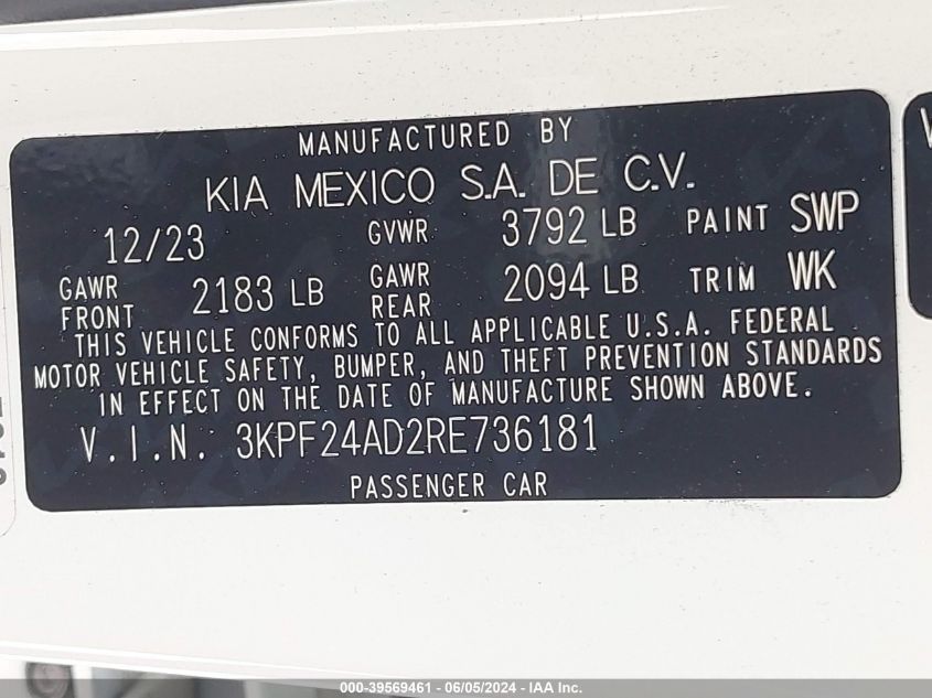 2024 Kia Forte Lxs VIN: 3KPF24AD2RE736181 Lot: 39569461