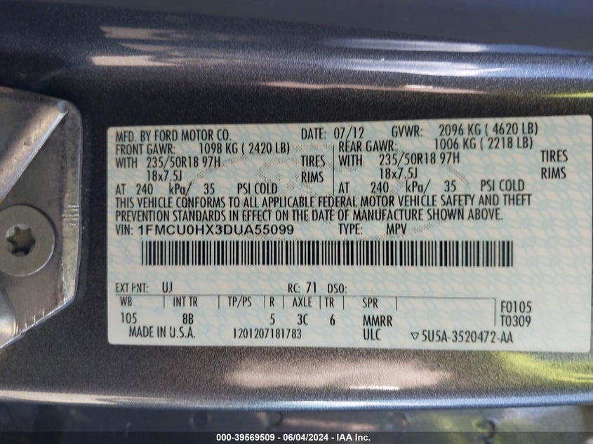 2013 Ford Escape Sel VIN: 1FMCU0HX3DUA55099 Lot: 39569509