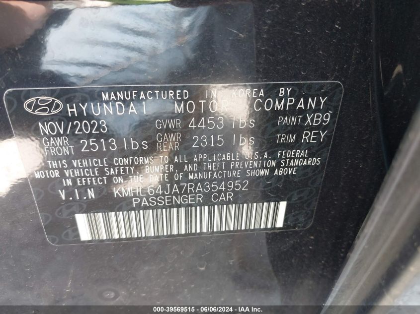 2024 Hyundai Sonata Sel VIN: KMHL64JA7RA354952 Lot: 39569515