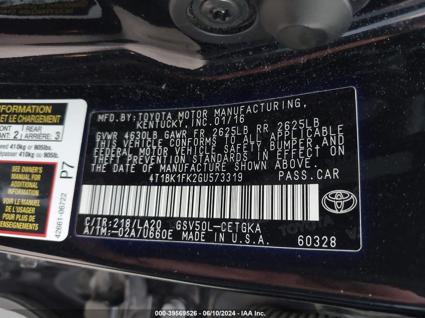 2016 Toyota Camry Xle V6 VIN: 4T1BK1FK2GU573319 Lot: 39569526