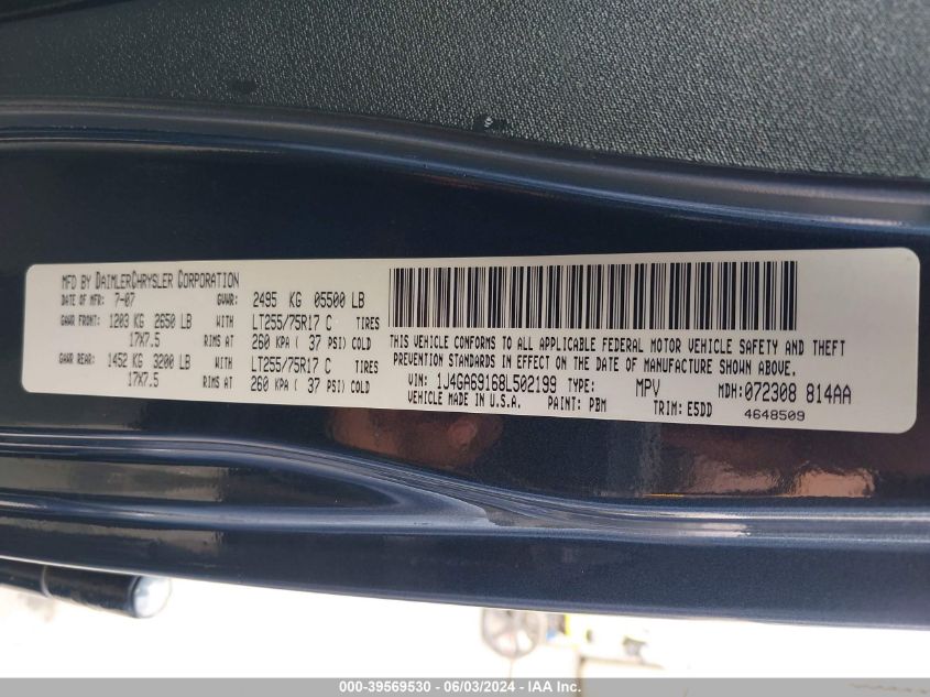 2008 Jeep Wrangler Unlimited Rubicon VIN: 1J4GA69168L502199 Lot: 39569530