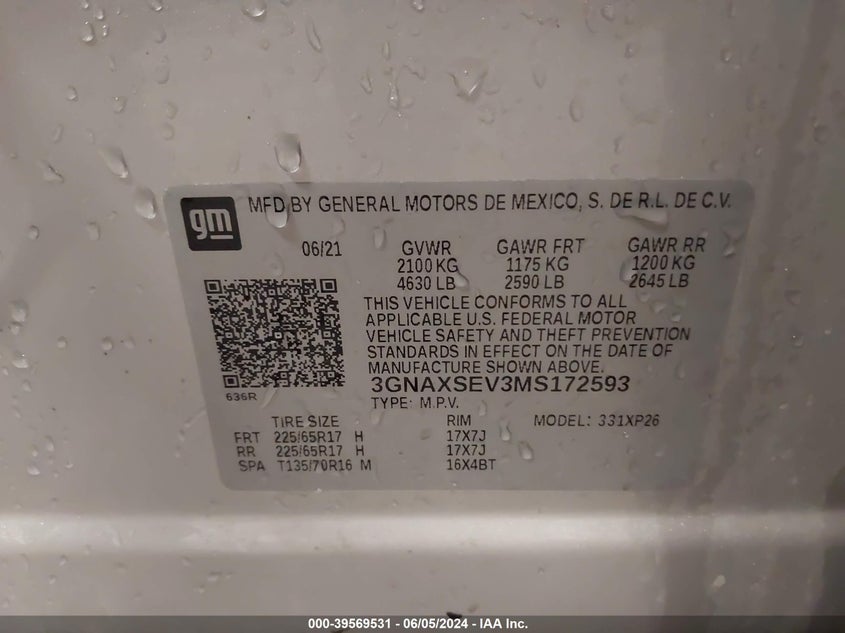VIN 3GNAXSEV3MS172593 2021 CHEVROLET EQUINOX AWD LS